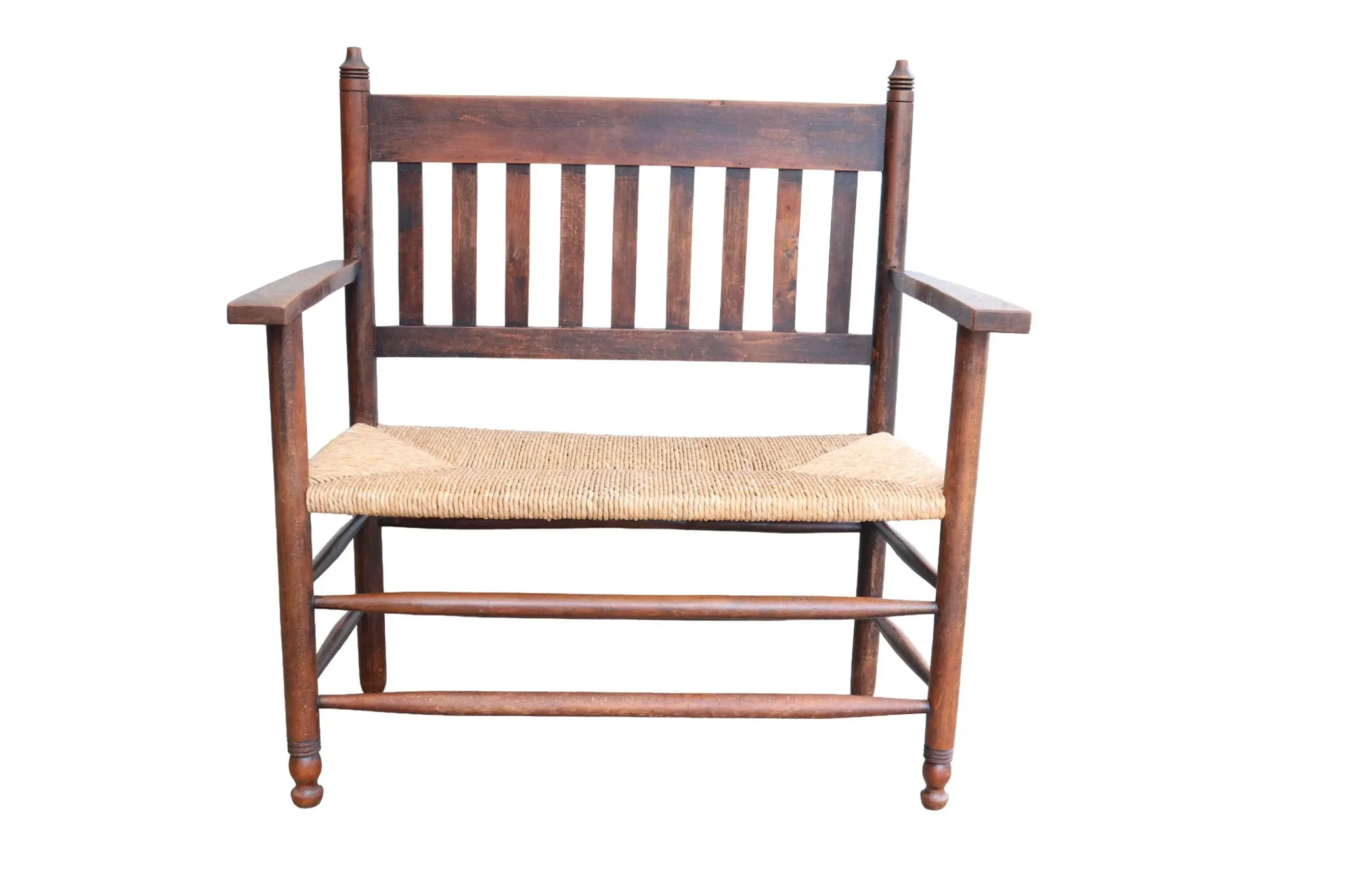 Antique Dutch wooden bench with woven seat