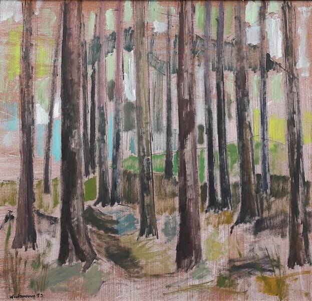 Original mid-century Swedish oil on panel – “Tree Trunks” by Harry Wichmann – dated 1953 – vintage & framed – 69 × 71 cm