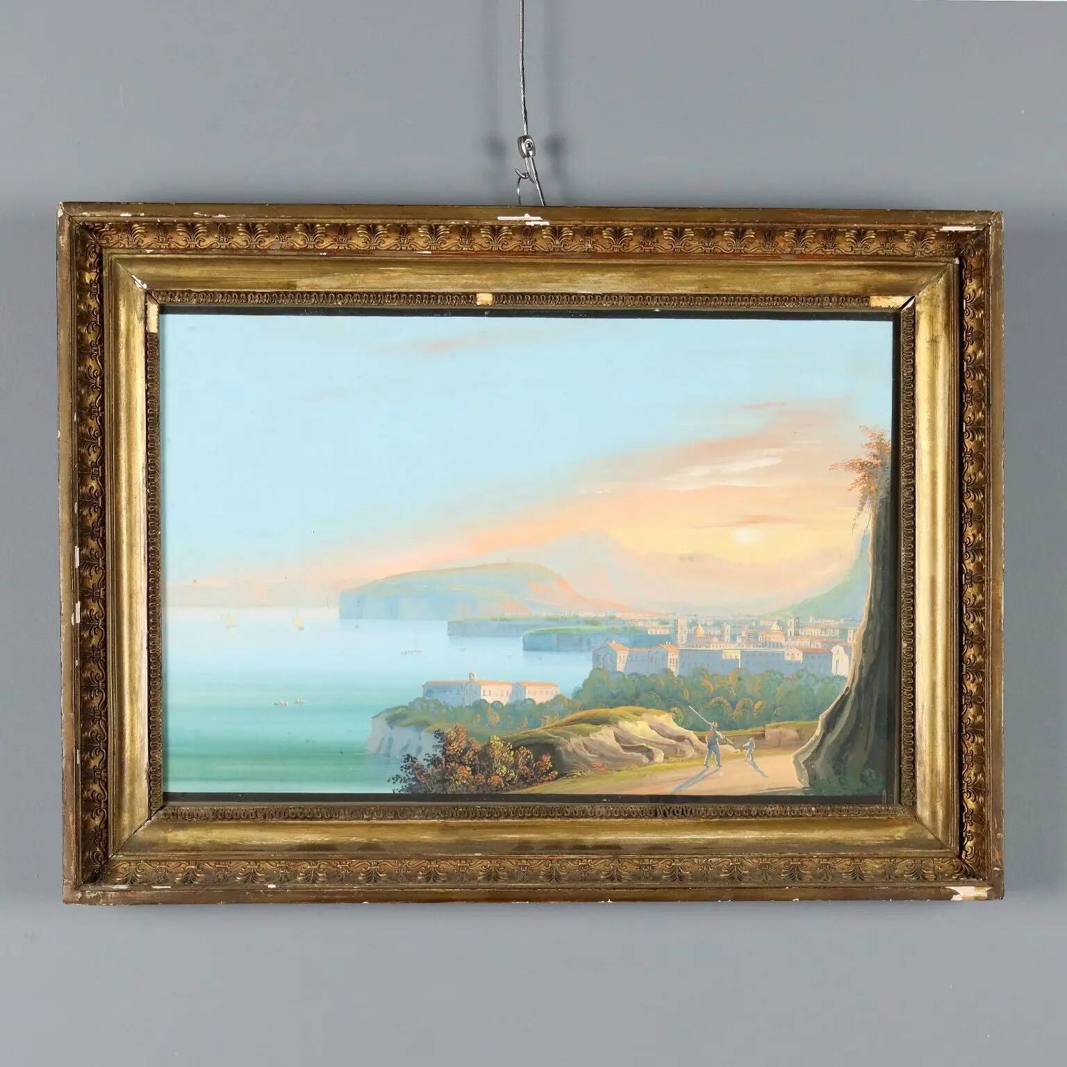 Peinture ancienne gouache avec vue sur Sorrente XIXe siècle