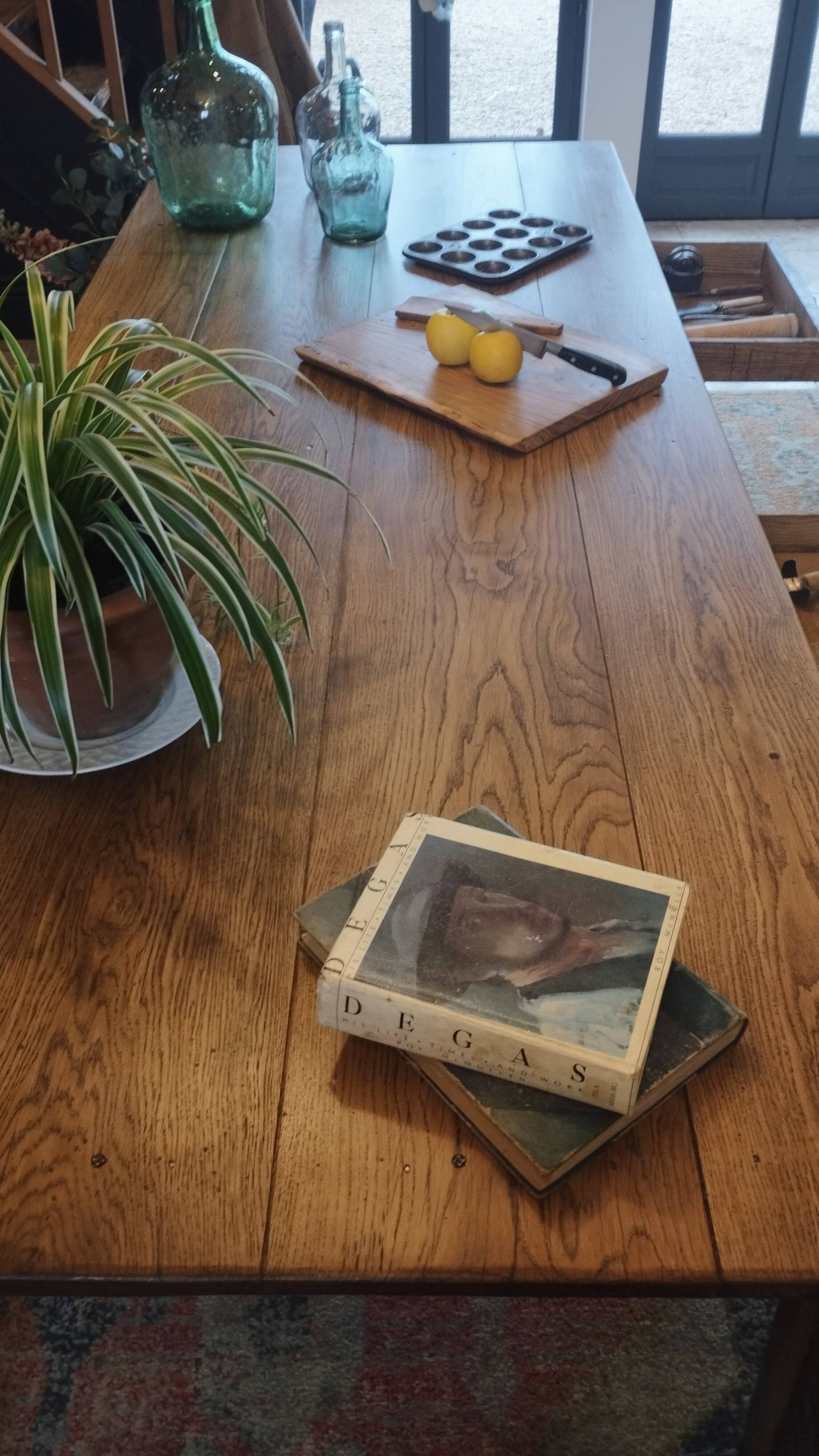 XXL solid oak farmhouse table 260x100 patinated two drawers