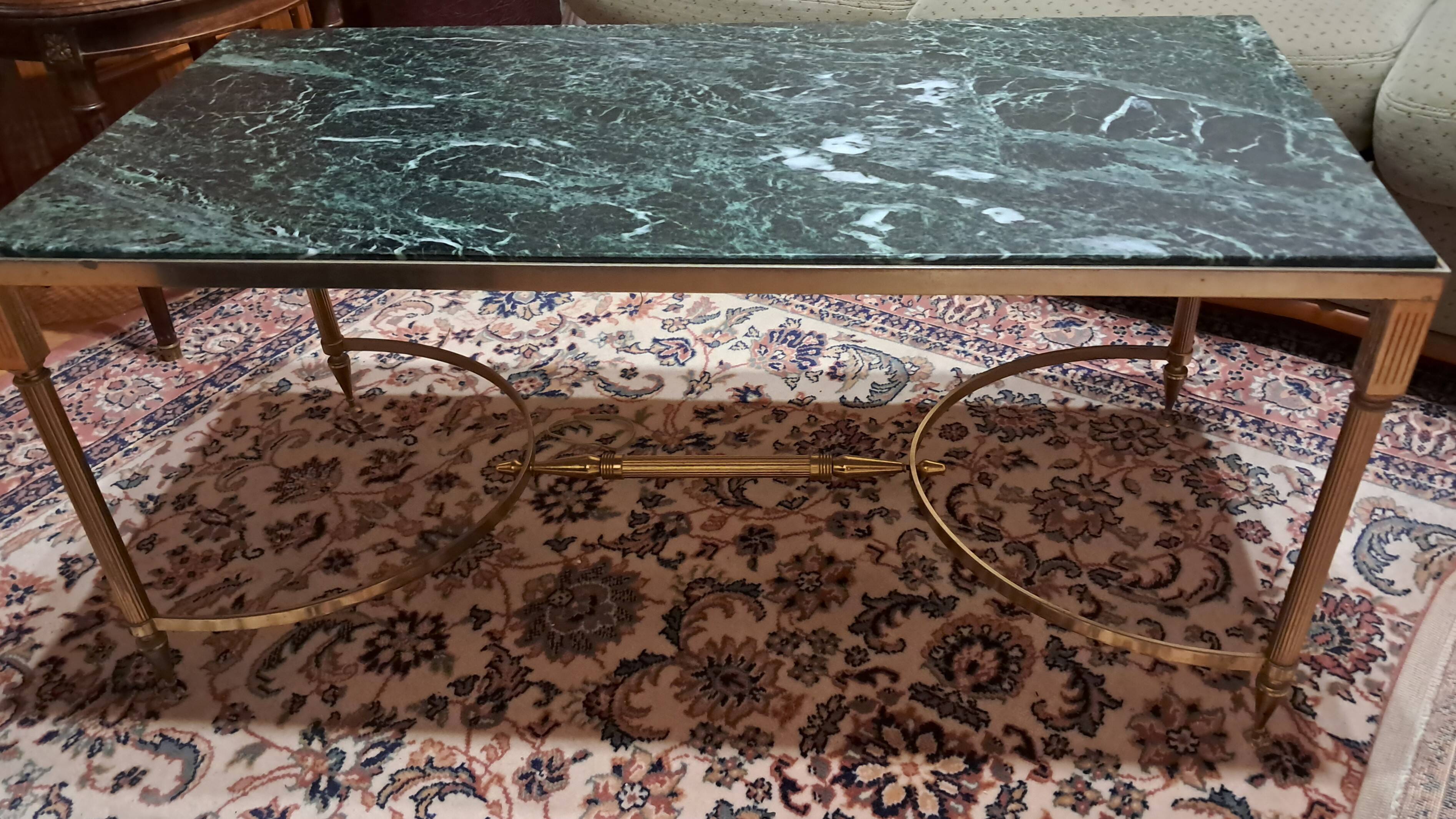 Coffee table in brass and veined green marble from the 1960s.