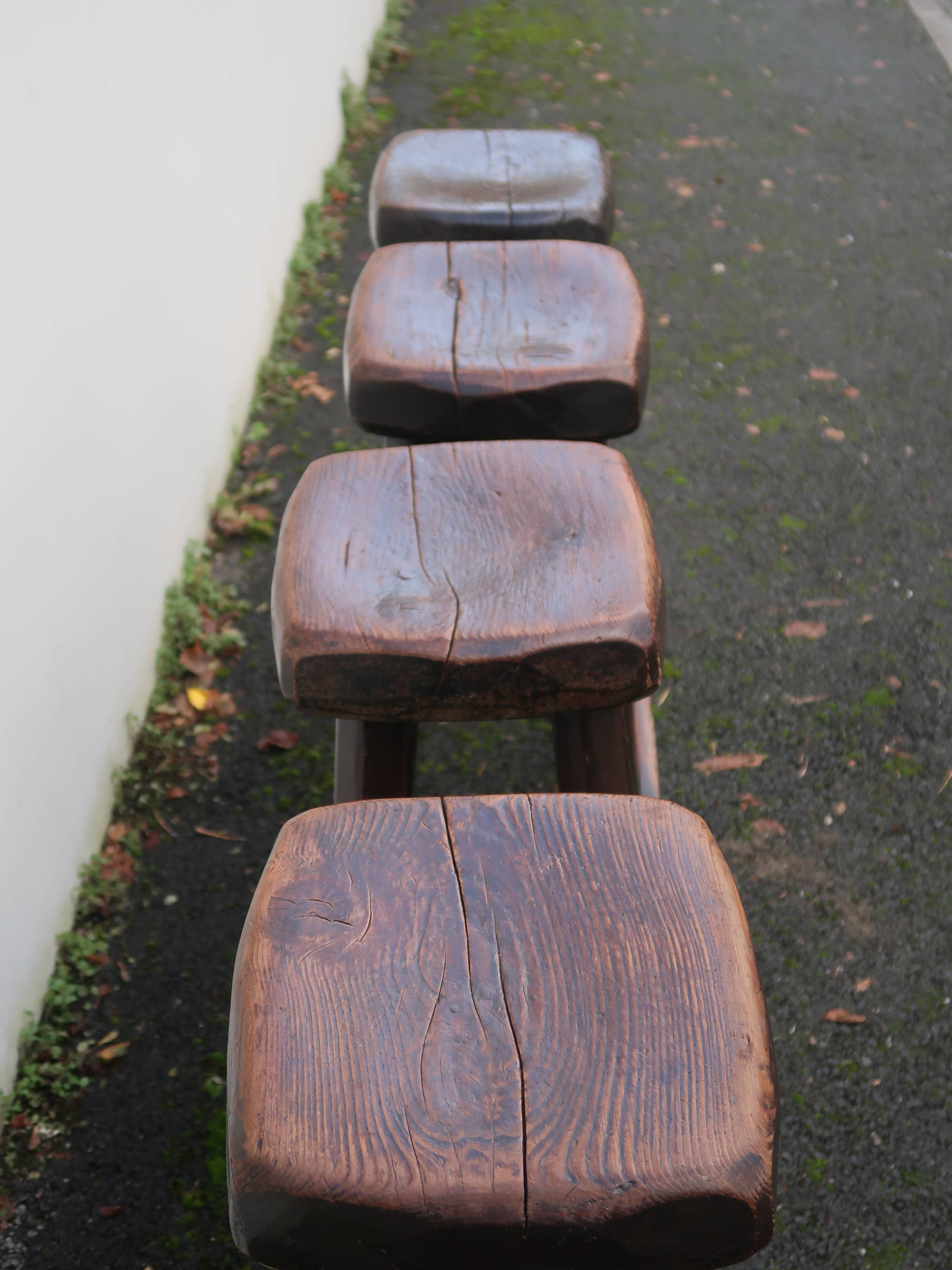 4 vintage brutalist solid wood bar stools
