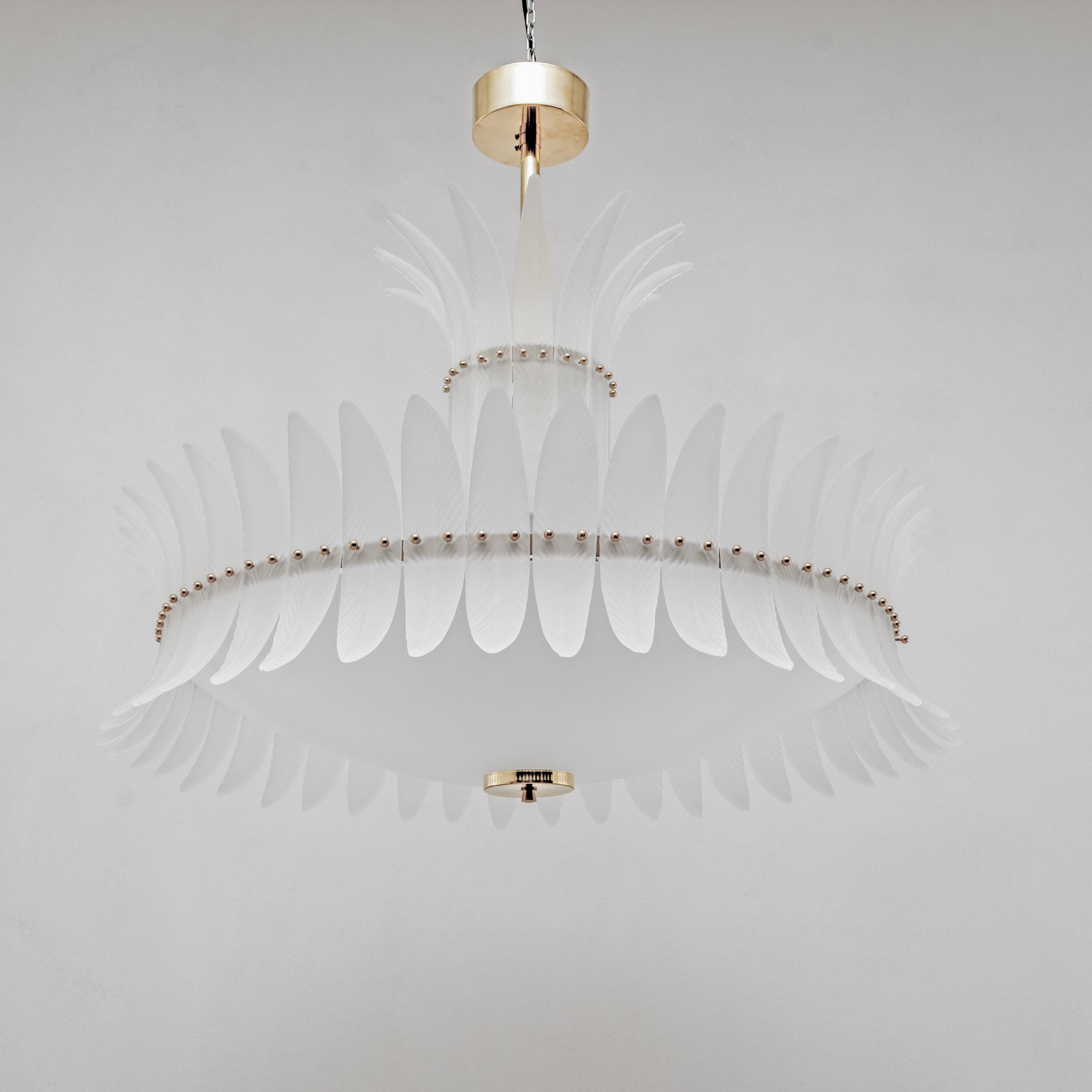 Italian Murano Glass Feather Chandelier with Brass Details