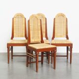 4 wooden Art Deco design dining chairs with a wicker seat and backrest