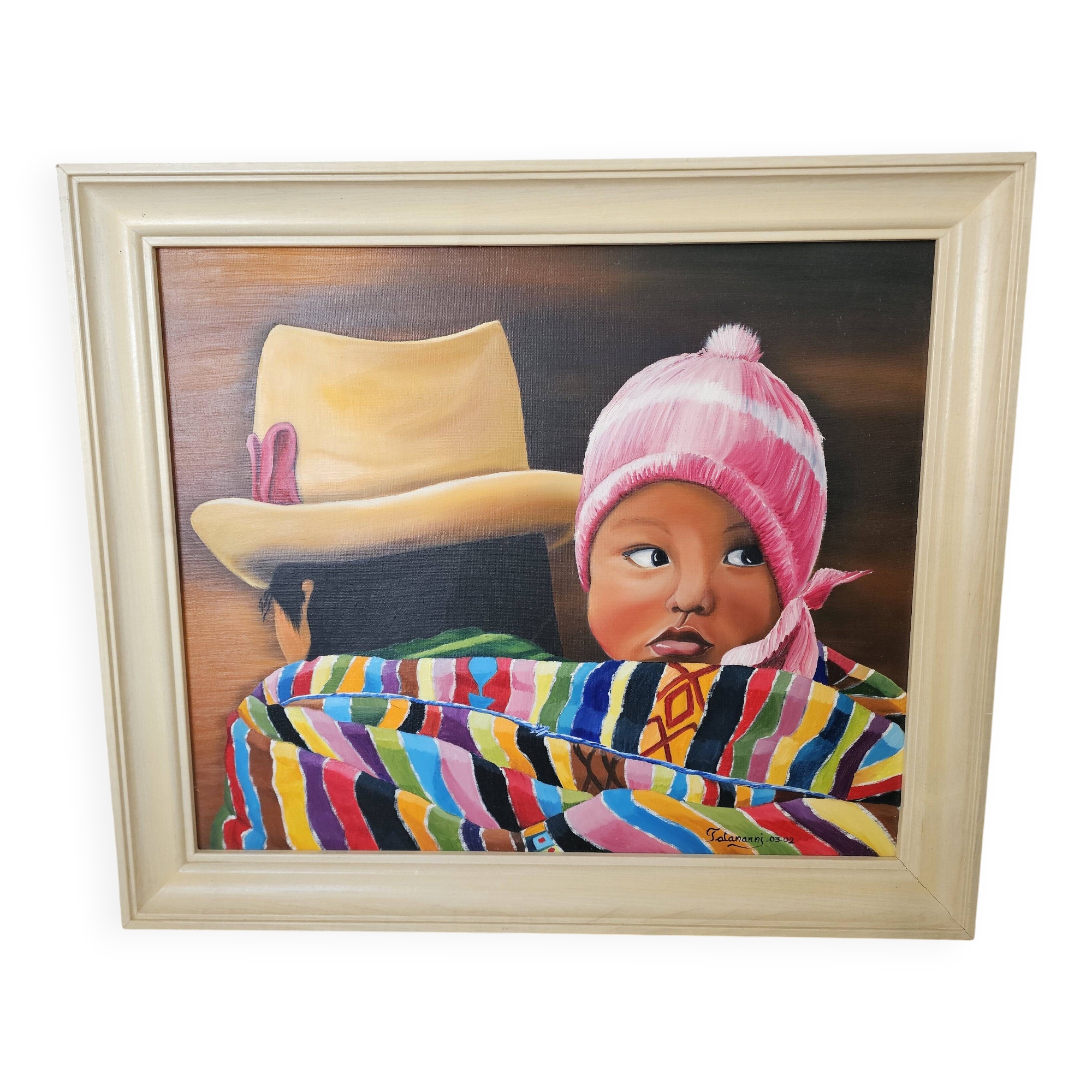 Oil painting on canvas, "The Child of Peru," signed Patricia Tatananni