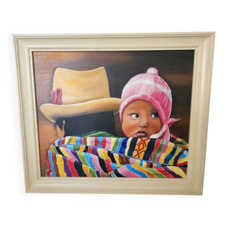 Oil painting on canvas, "The Child of Peru," signed Patricia Tatananni