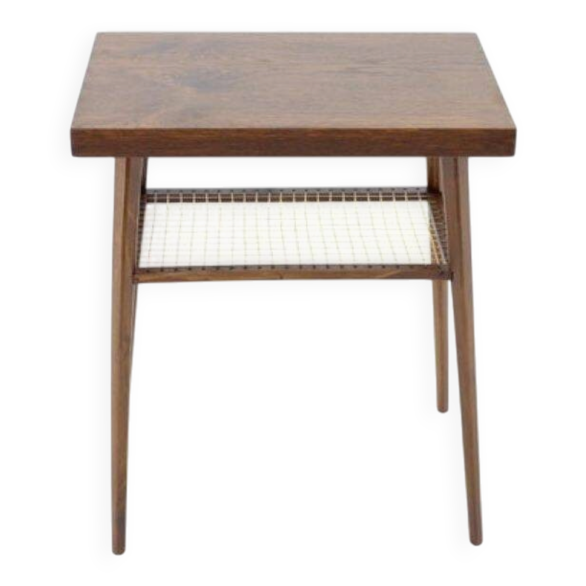 1960s Mid-Century Czech Oak Side Table with Woven Magazine Shelf
