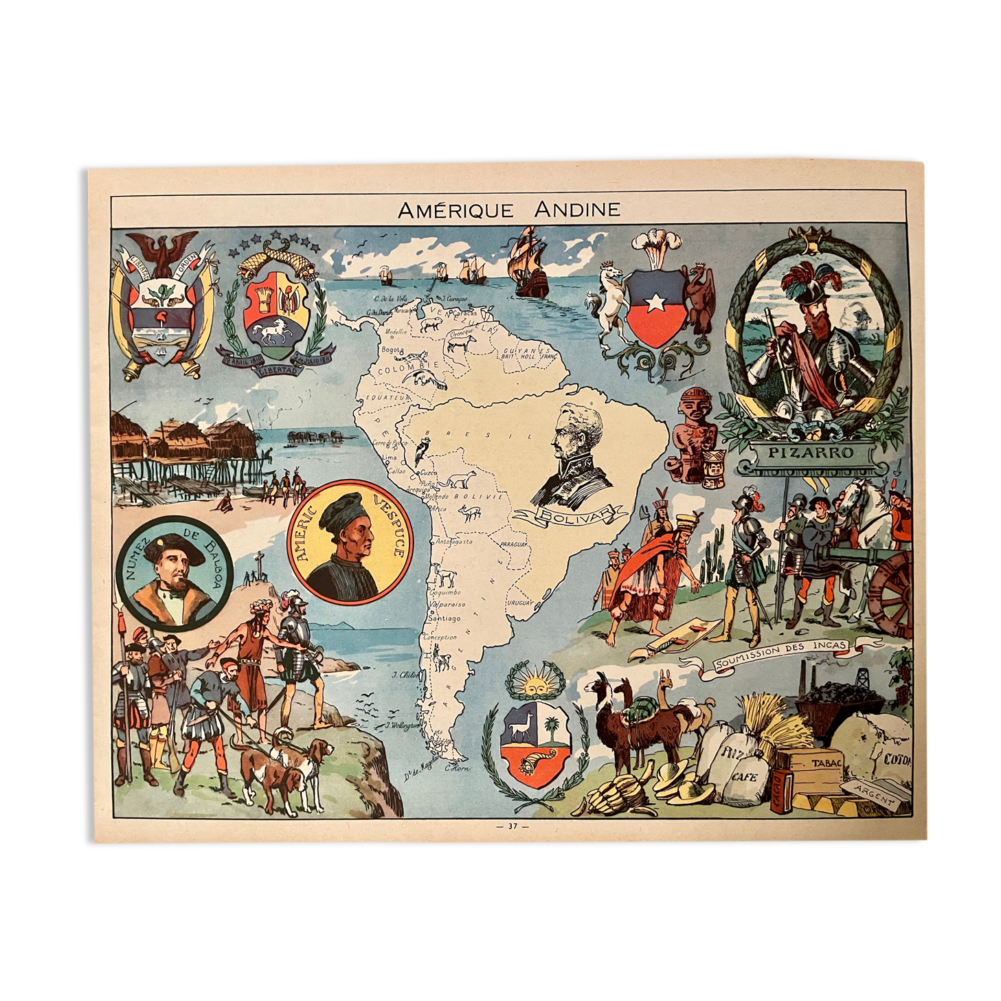 Old illustrated map of andean america from 1948 - jp pinchon