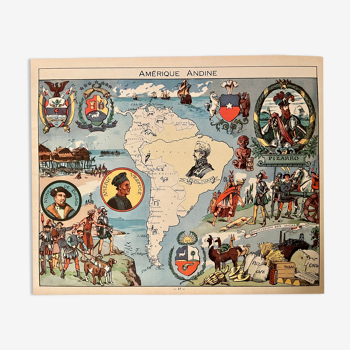 Affiche ancienne carte illustrée de l'amérique andine de 1948 - jp pinchon