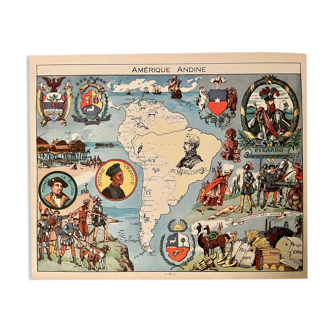 Old illustrated map of andean america from 1948 - jp pinchon