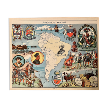 Old illustrated map of andean america from 1948 - jp pinchon