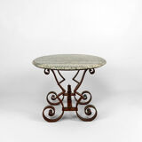 Art Deco round pedestal table in marble and wrought iron, circa 1940