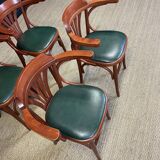 Set of 4 wooden bistro armchairs with green leatherette trim from the 80s, France