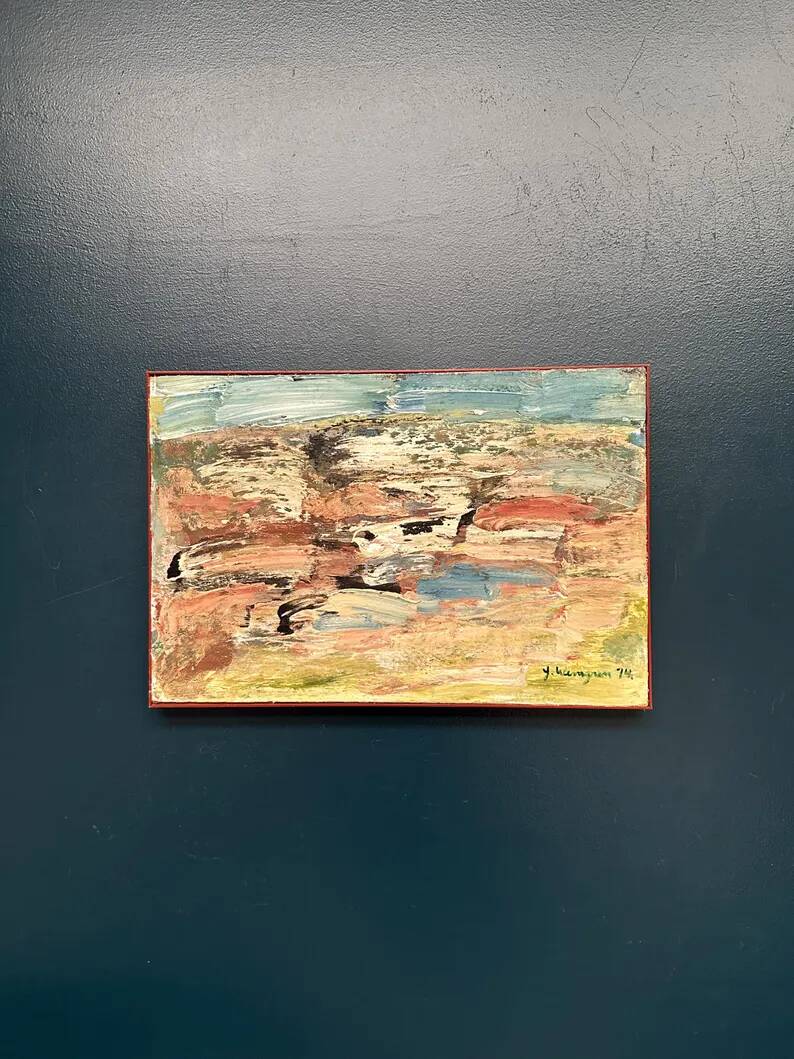 Huile sur toile originale suédoise - 'Komposition' par Yngve Werngren - Signée et datée 1974 - Vintage et encadrée - 53 × 36 cm (20,9" × 14,2")