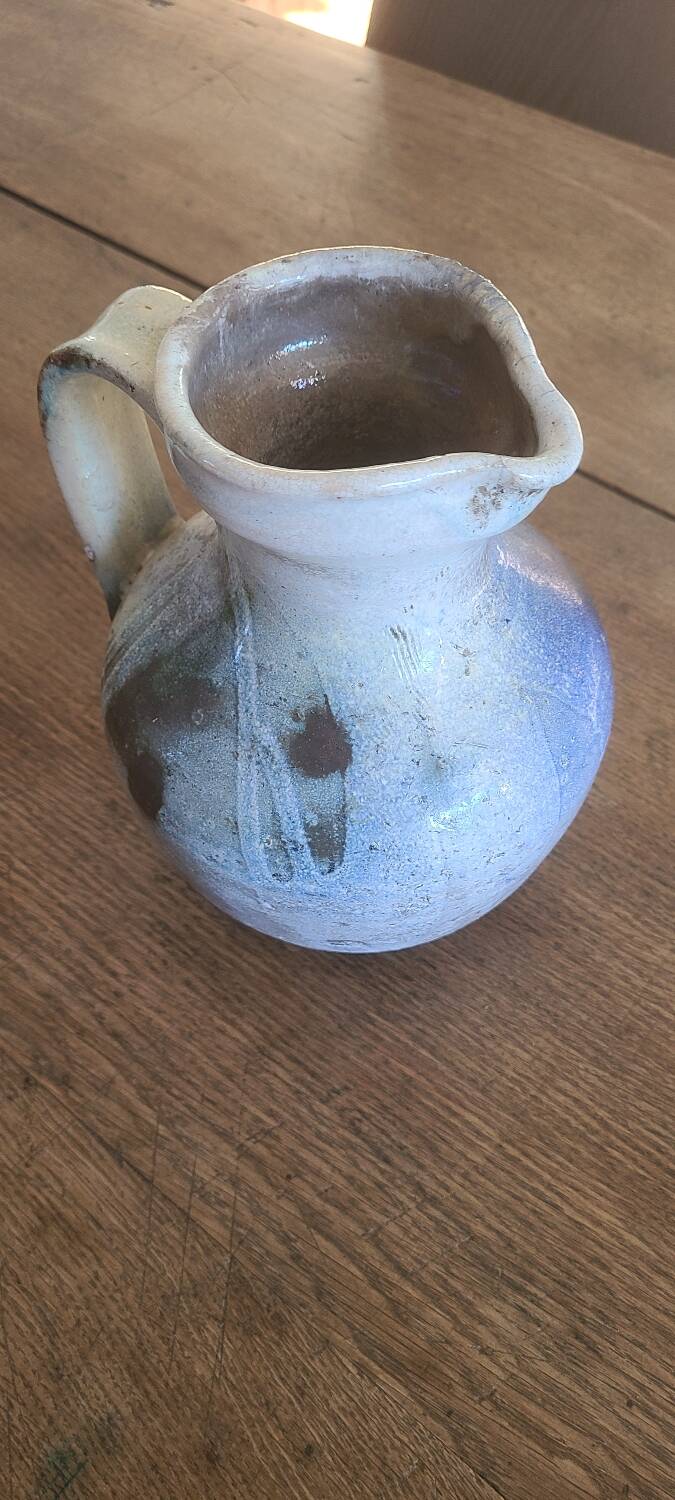 Old bulbous jug pottery vase glazed grey-blue stoneware vintage