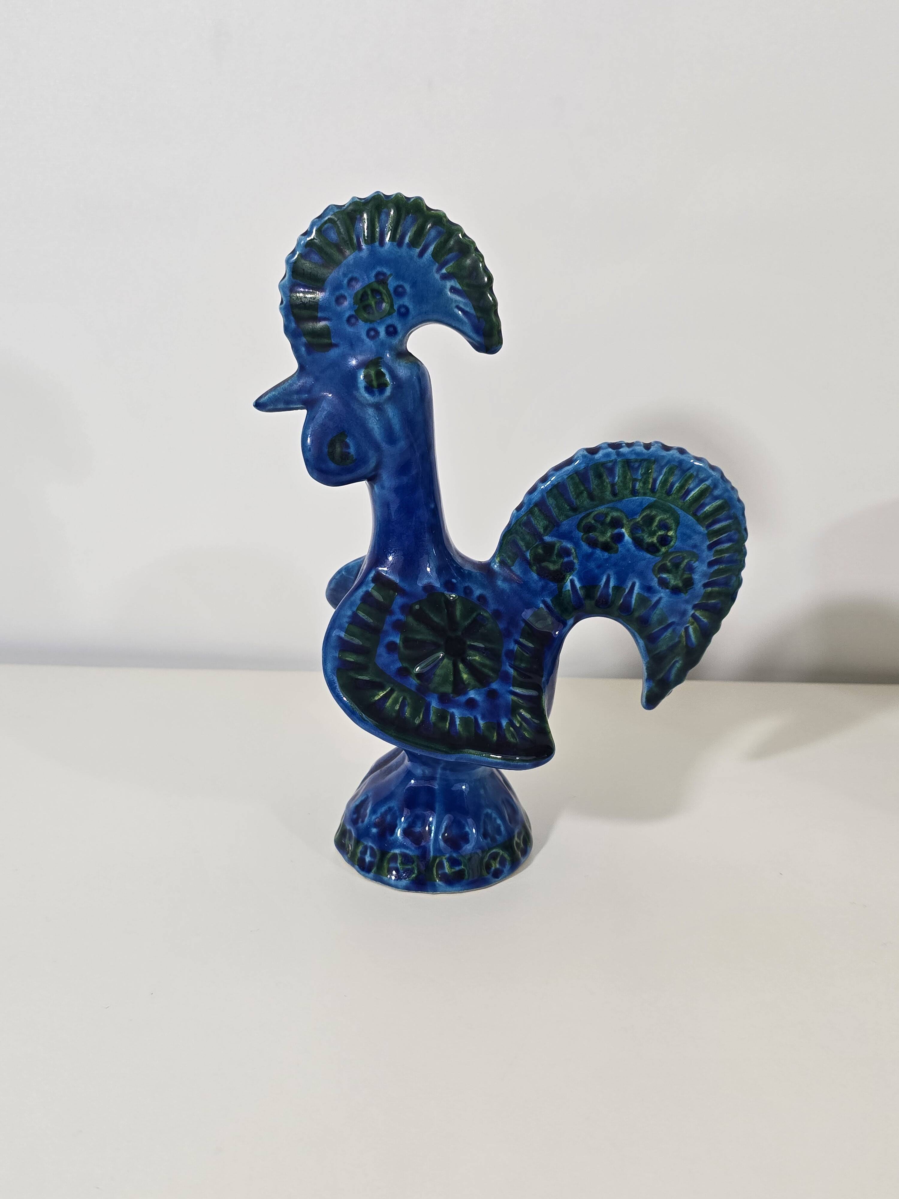 blue glazed ceramic rooster by Aldo Londi for Bitossi