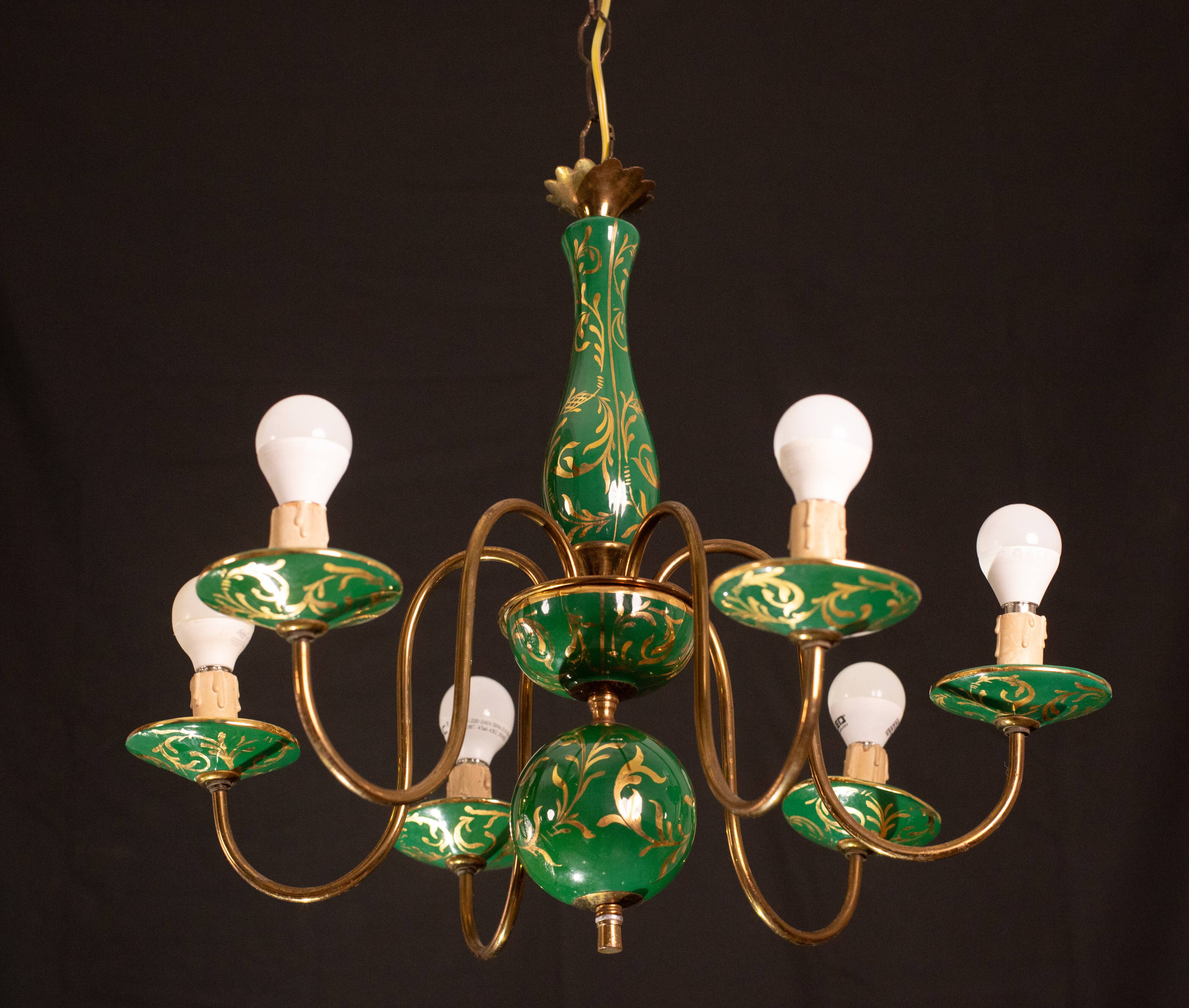 Art Deco Brass and Painted Terracotta Chandelier, 1950s