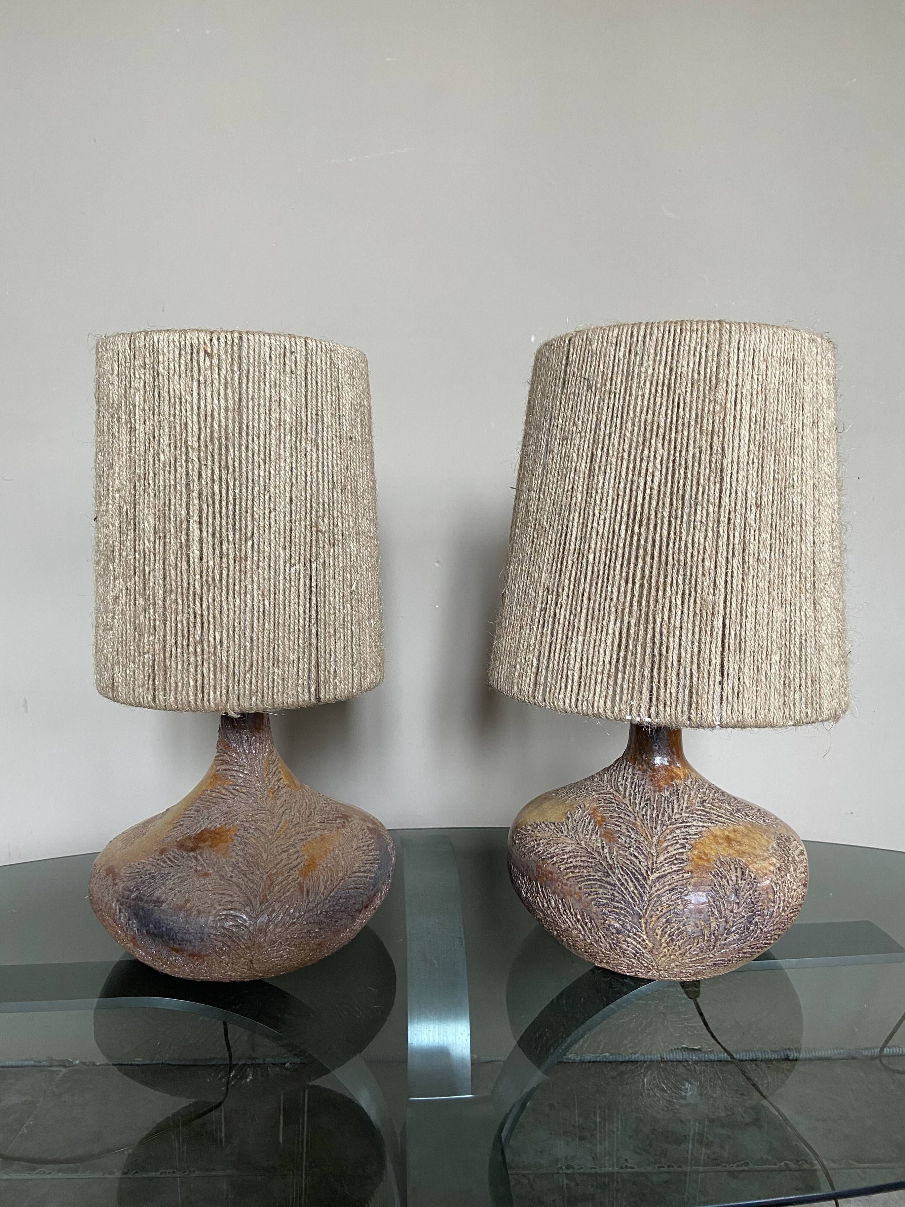 Pair of vintage Vallauris scarified seagrass stoneware lamps and rope lampshade