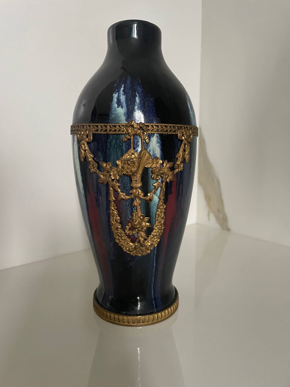 Ceramic vase with enamel drips, brass mount, around 1920, Be