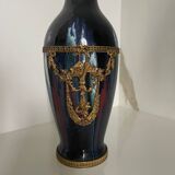 Ceramic vase with enamel drips, brass mount, around 1920, Be