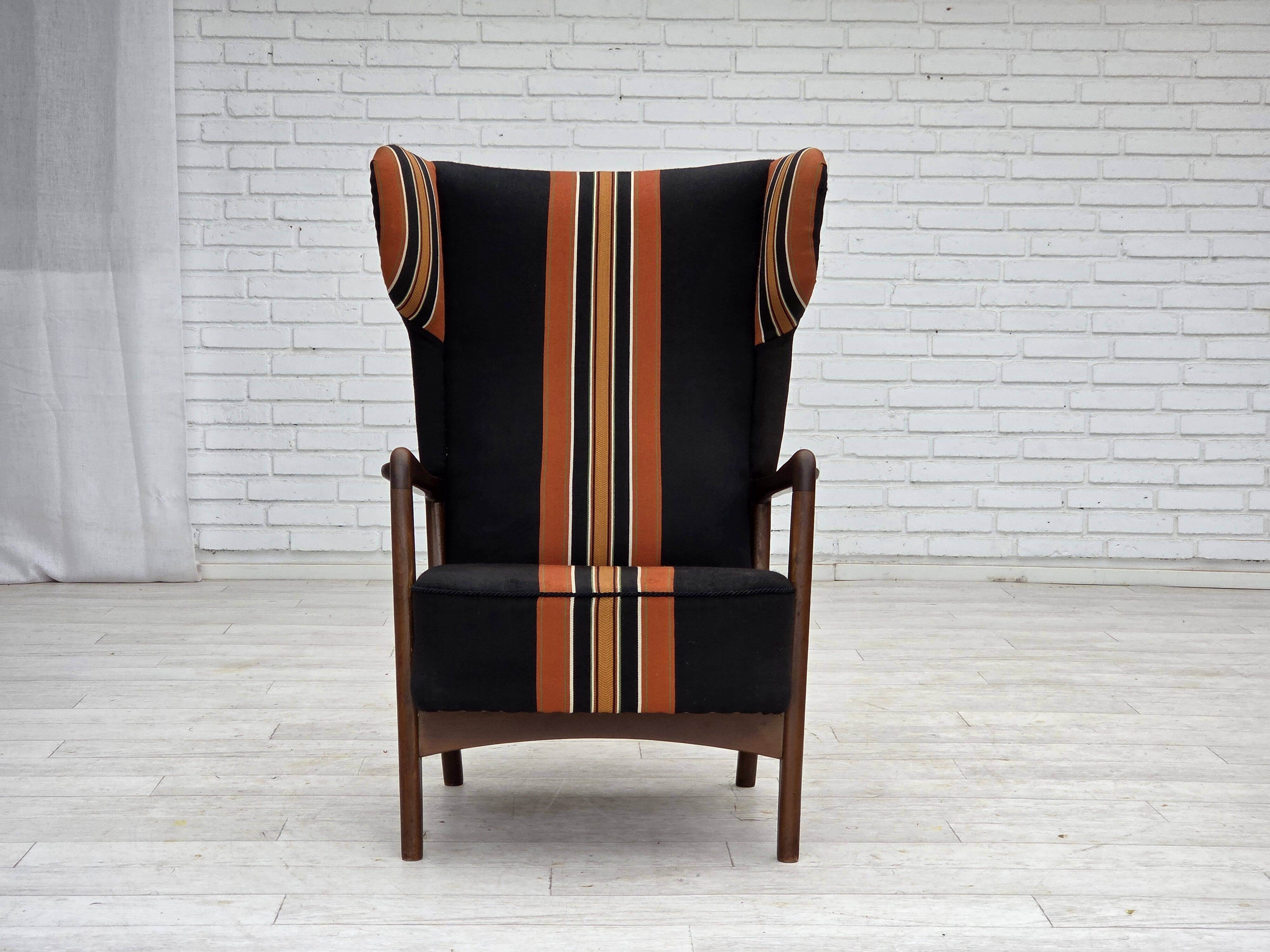 1960s, Danish highback armchair by Fritz Hansen, furniture wool, beech wood