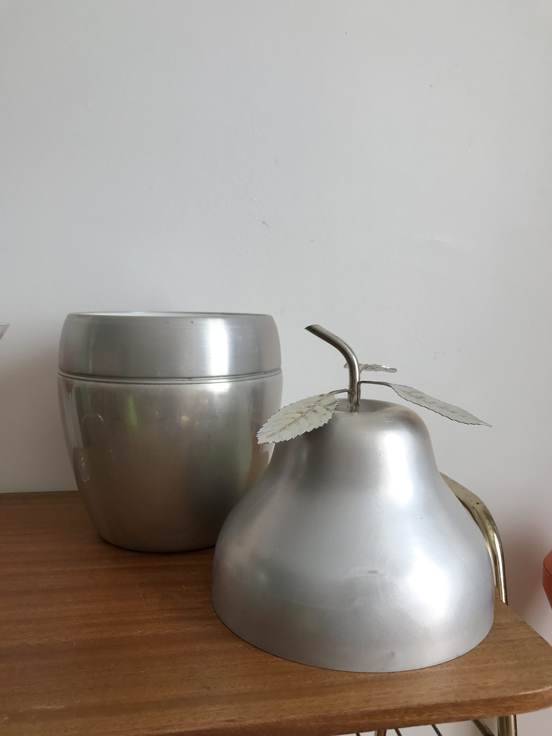 LARGE PEAR OR QUINCE IN BRUSHED ALUMINUM ICE BUCKET MADE IN ITALY AROUND 1970