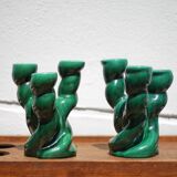 Pair of twisted green ceramic candlesticks, 3-branched candlestick, Vallauris style emerald candelabra