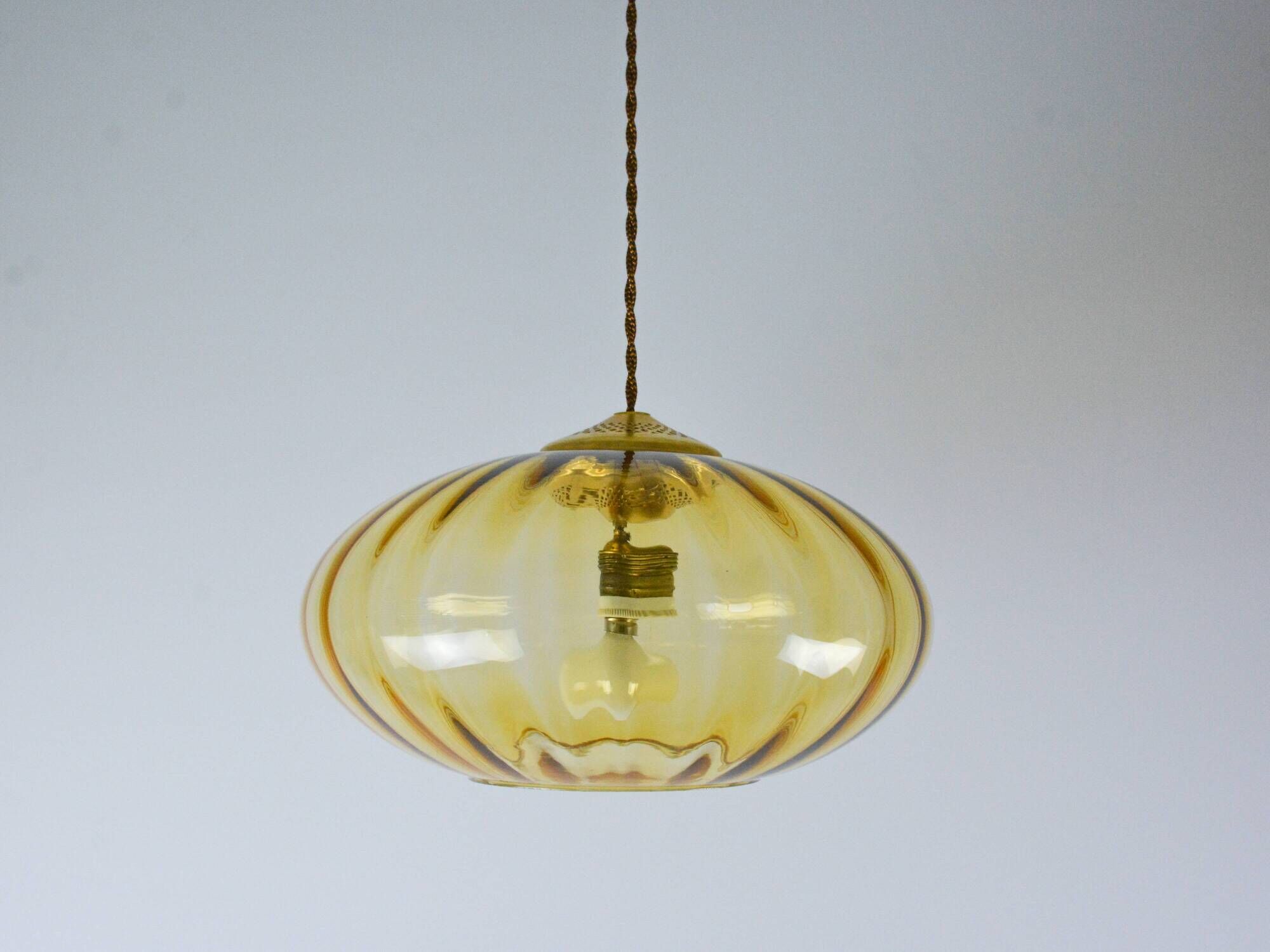 Mid-Century Brass and Light Gold/Yellow Pendant Lamp