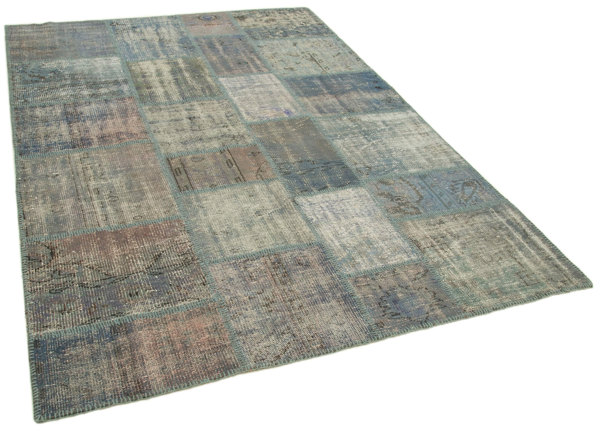 Handmade anatolian overdyed 177 cm x 246 cm blue patchwork carpet