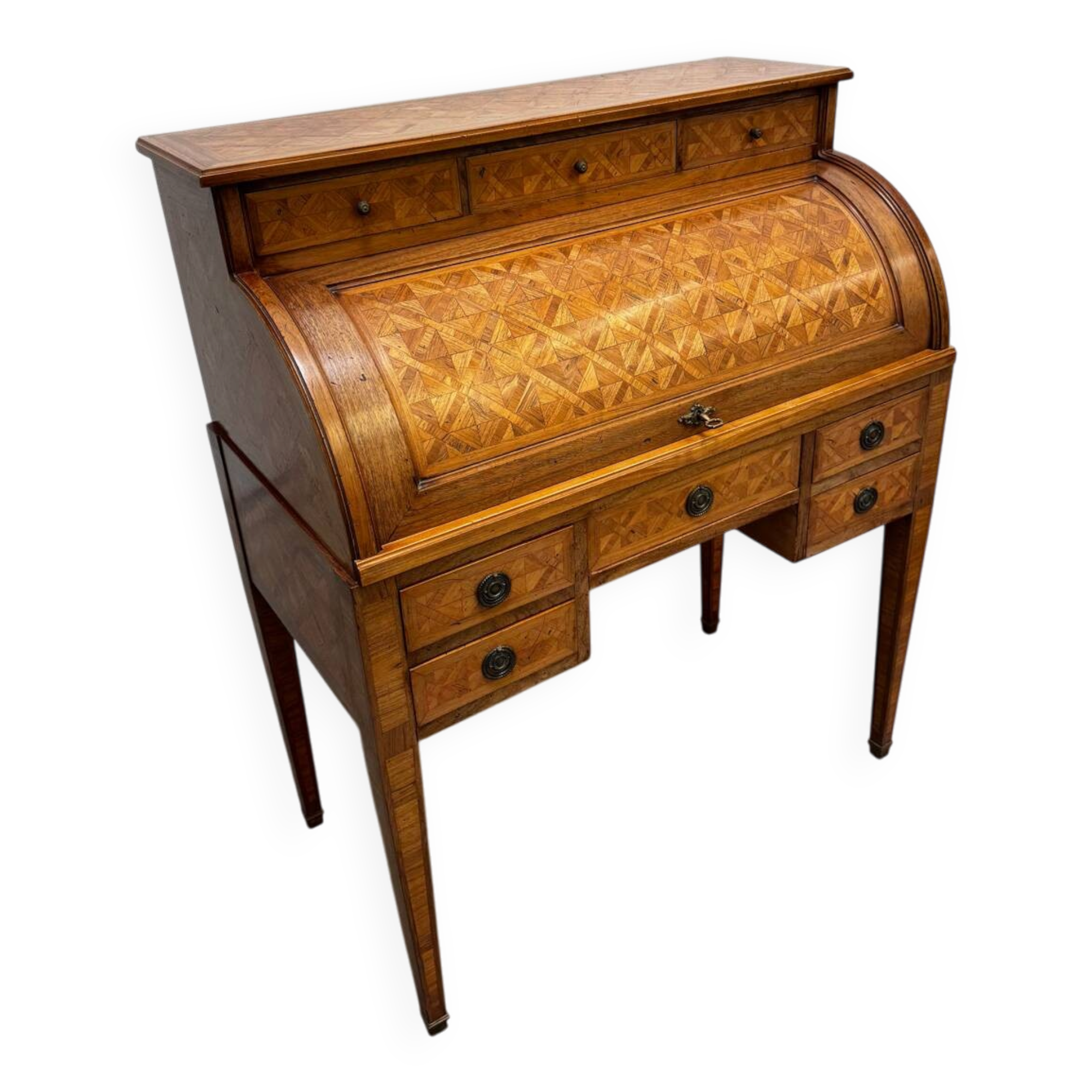 Cylinder desk with marquetry featuring a crosshatch design.