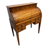 Cylinder desk with marquetry featuring a crosshatch design.