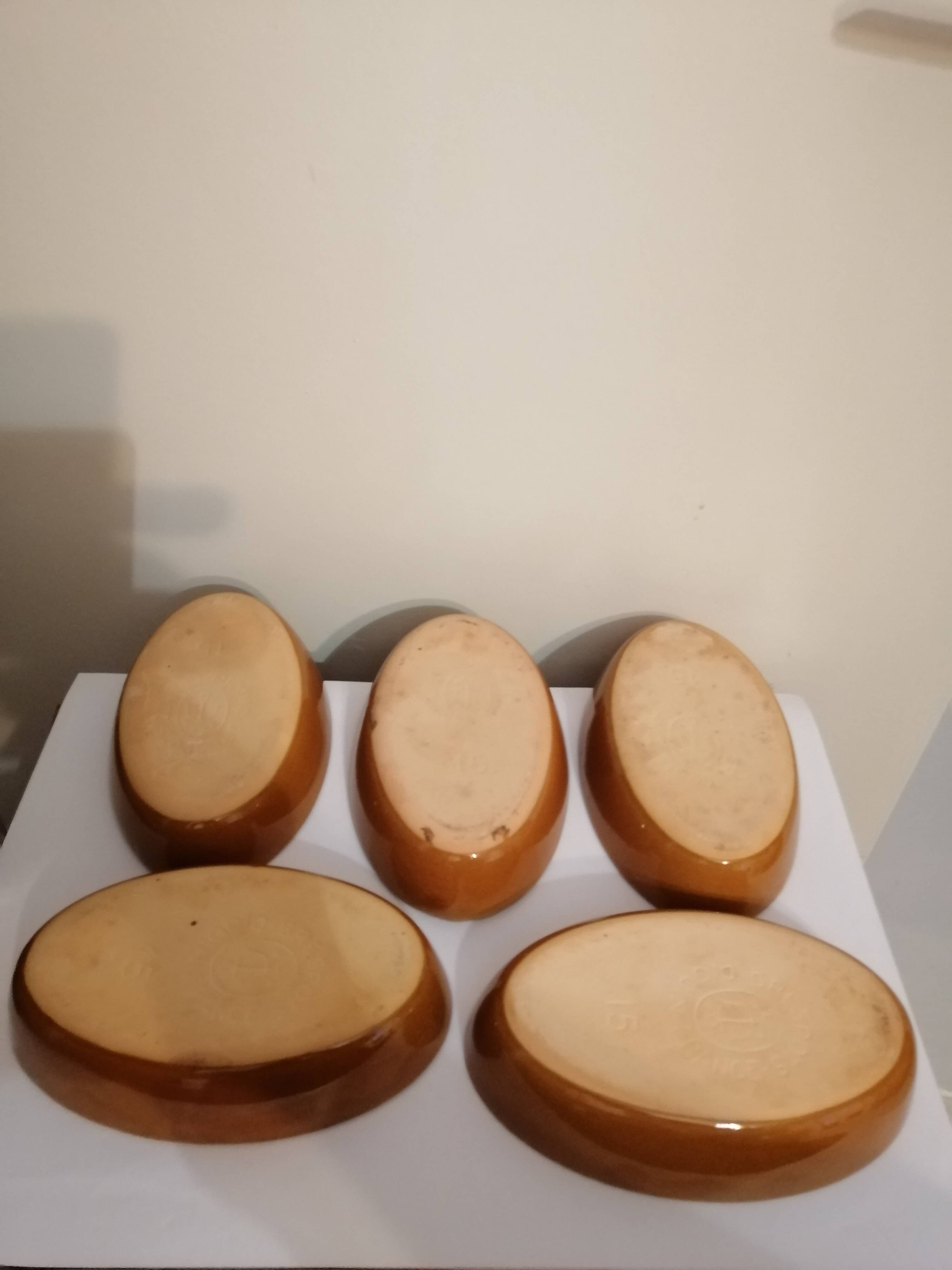 Set of 5 small old enameled terracotta dishes