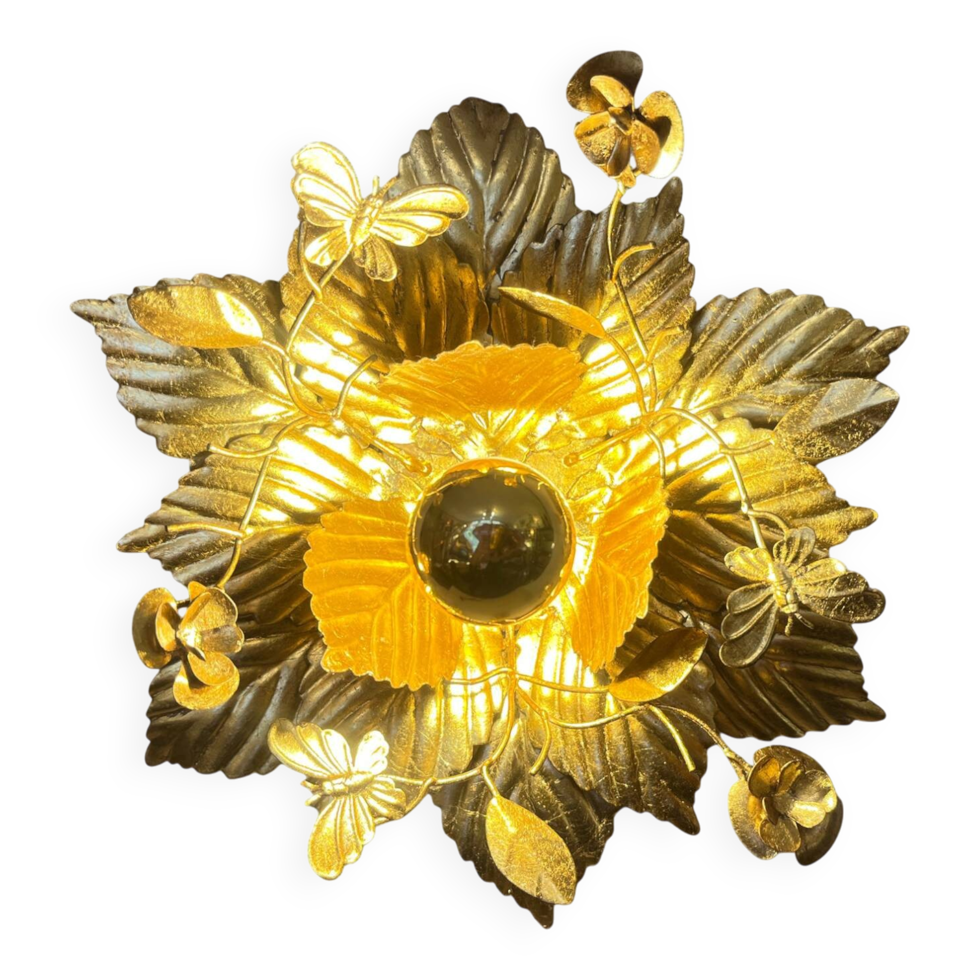 Vintage gold leaf metal flower wall light Florentine wall sconce