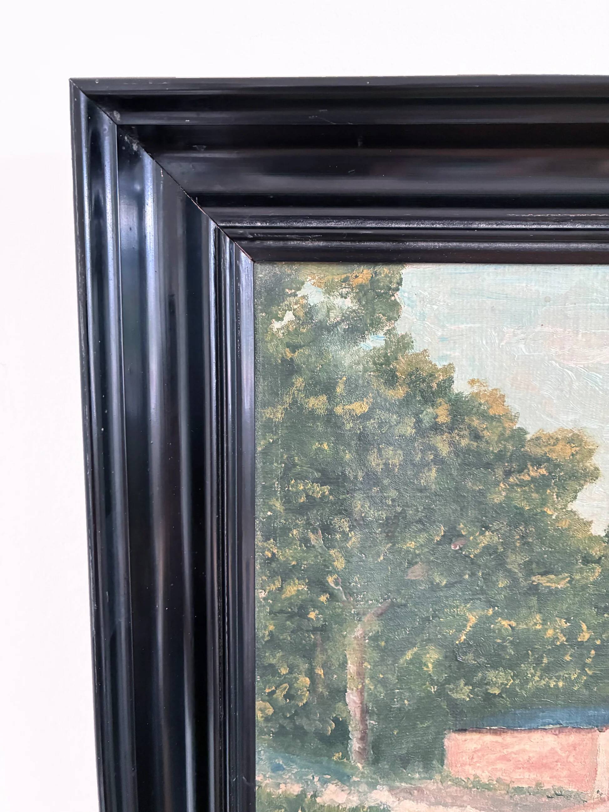 Vintage original landscape oil painting, signed farmhouse art