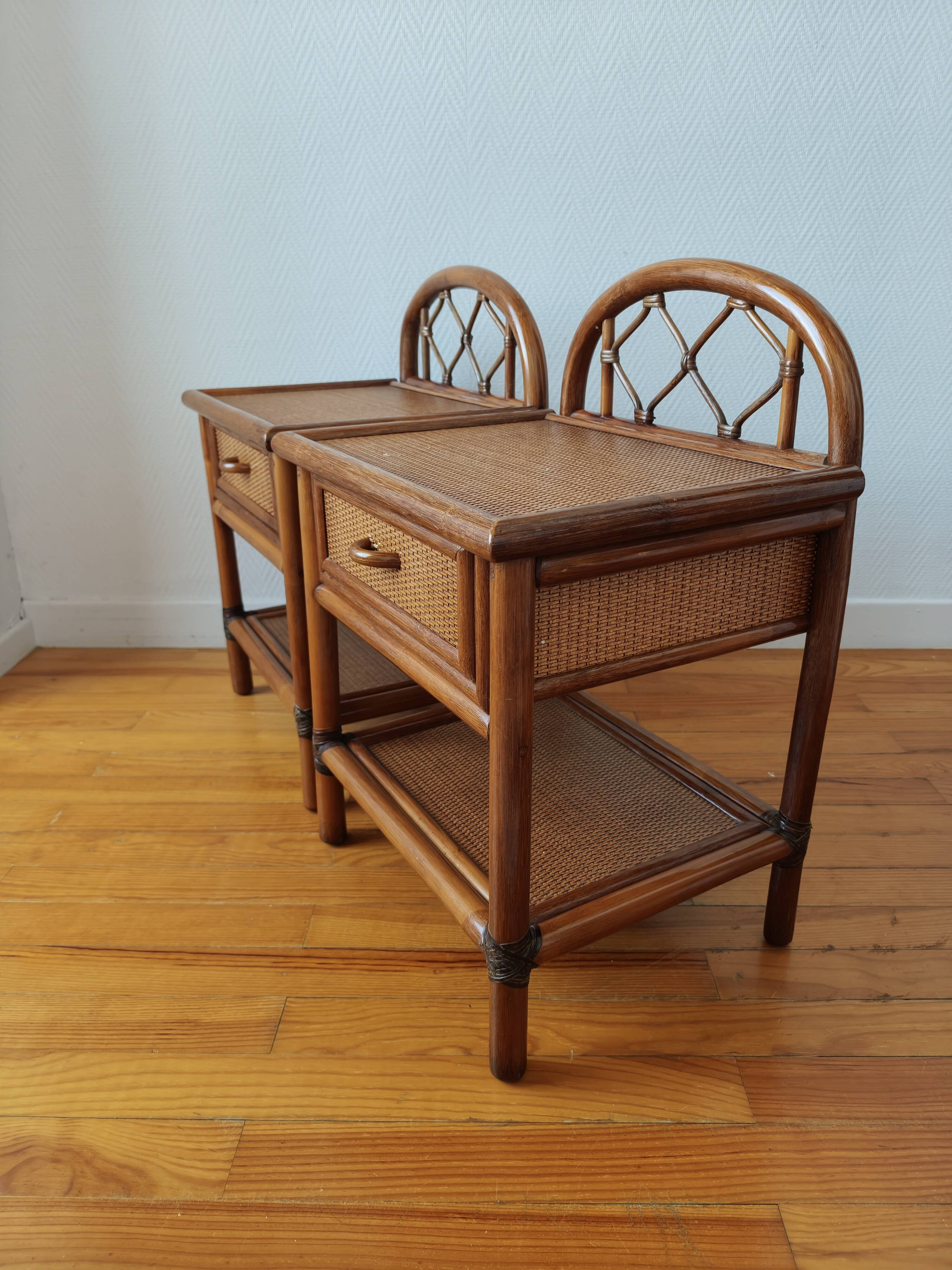 Pair of vintage rattan and cane bedside tables, 1970s