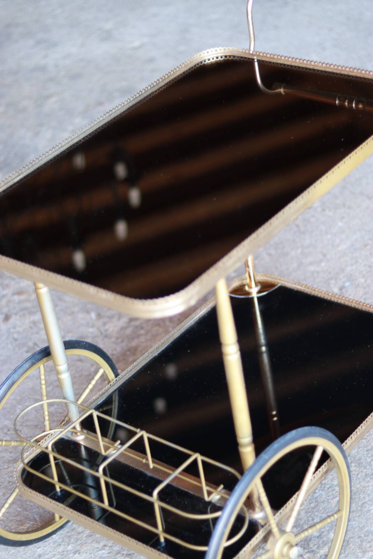 Serving trolley, vintage mini-bar in metal and smoked glass