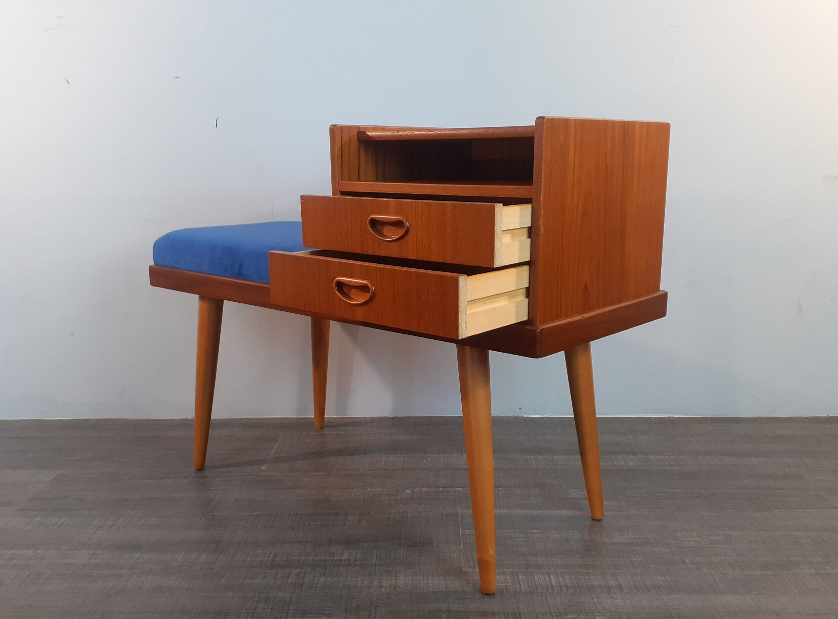 Bench Norwegian Phone Teak and blue fabric, Vintage Scandinavian 1970s