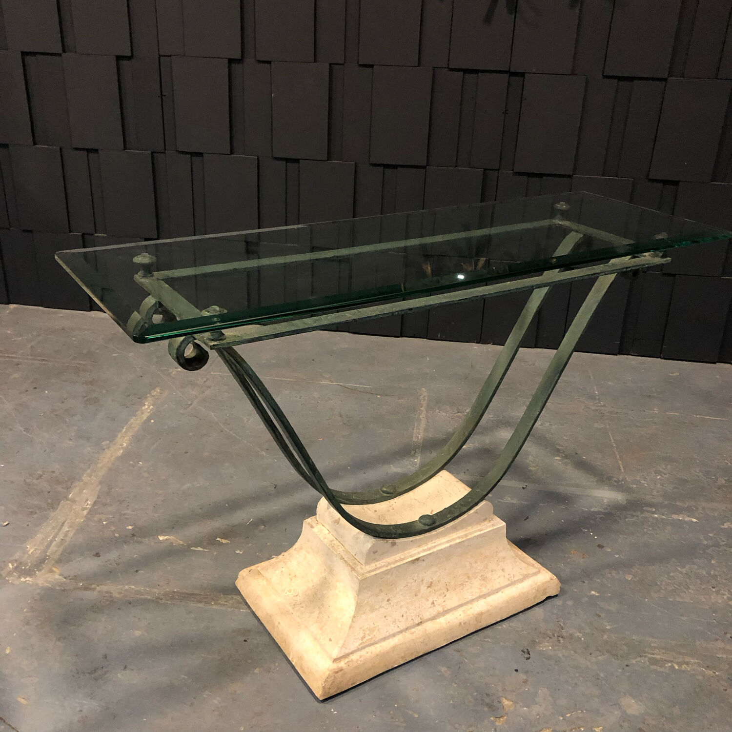 Iron and glass console, antique patina