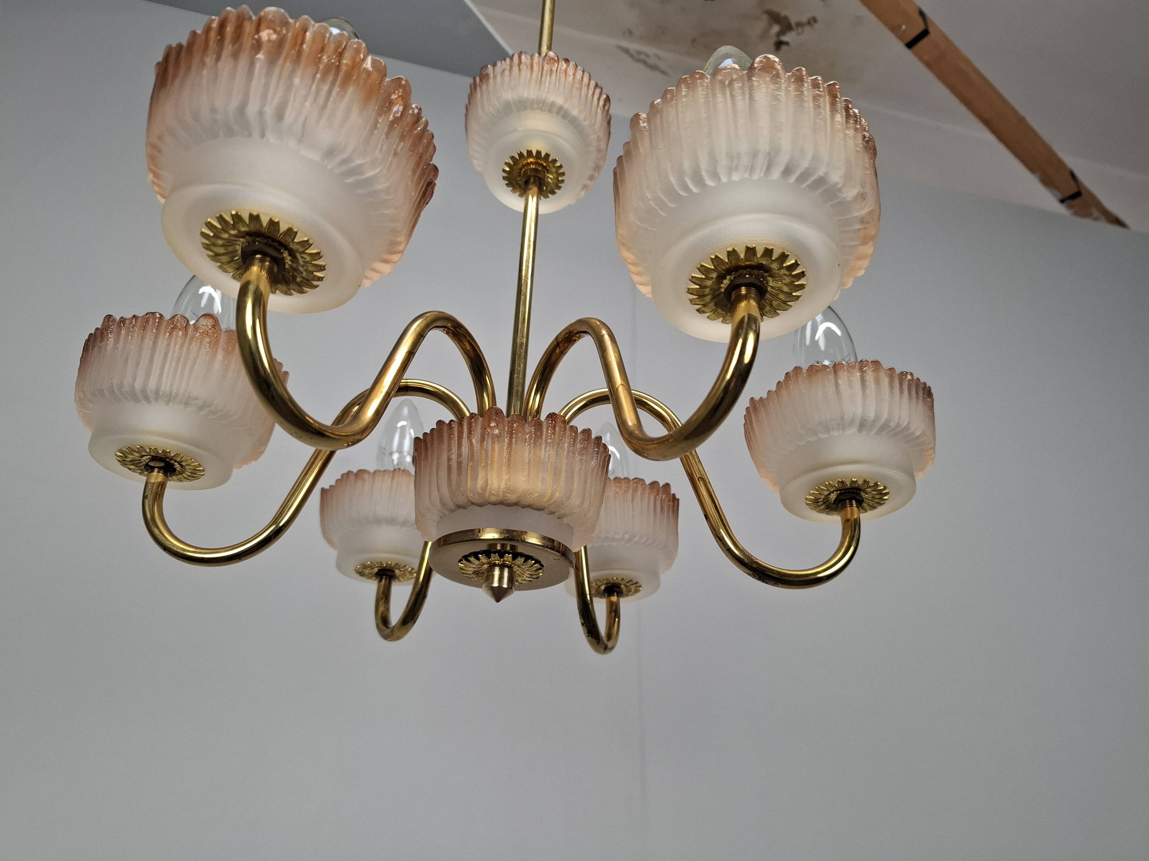 1960s Czech Mid-Century Brass and Železný Brod Frosted Glass Six-Arm Chandelier