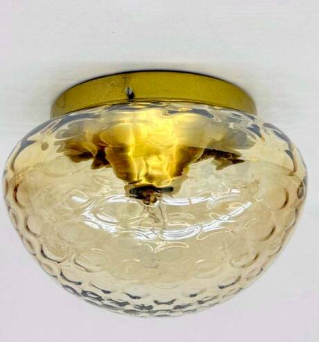 Vintage 1970s RZB ceiling light with amber bubbled glass.