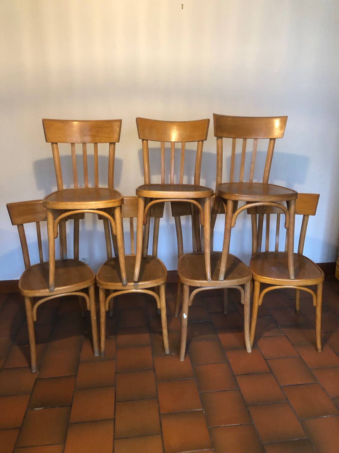 Suite de 7 chaises bistrot, editeur baumann - années 60