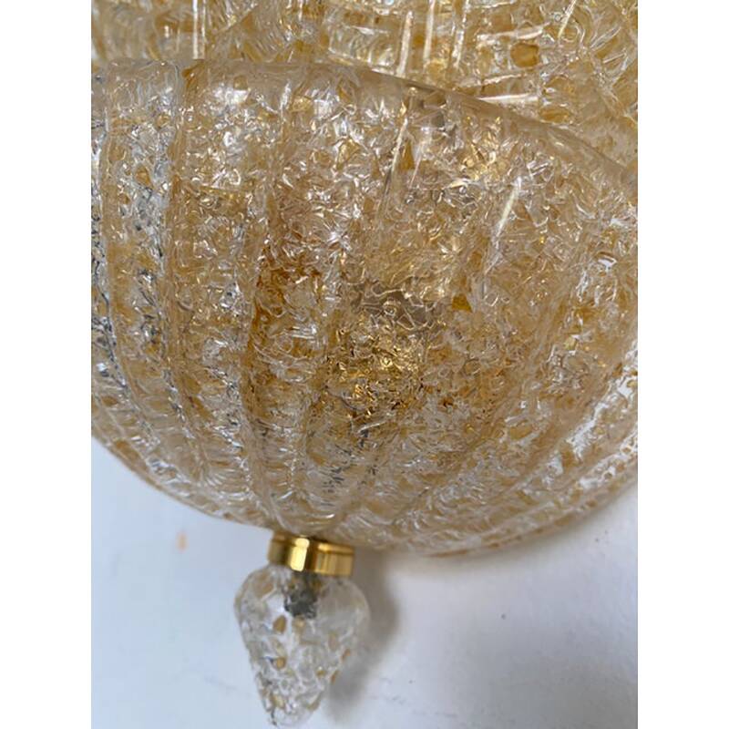 Set of Two Transparent and Gold Graniglia “Leaf” Murano Glass Wall Sconces
