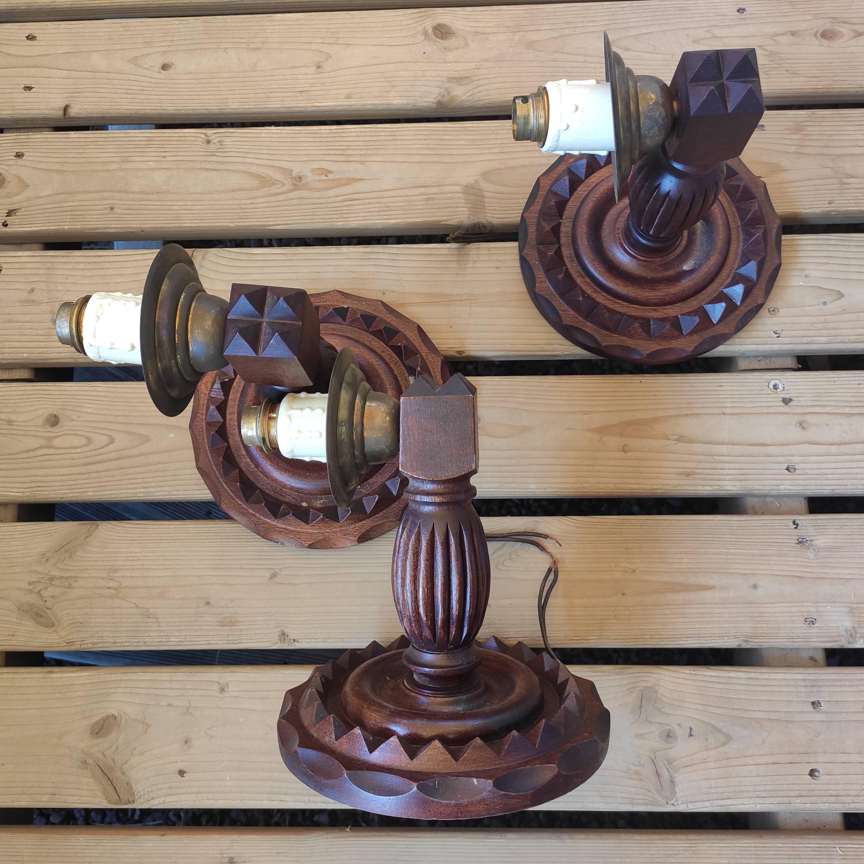 3 vintage wooden wall lights 1970