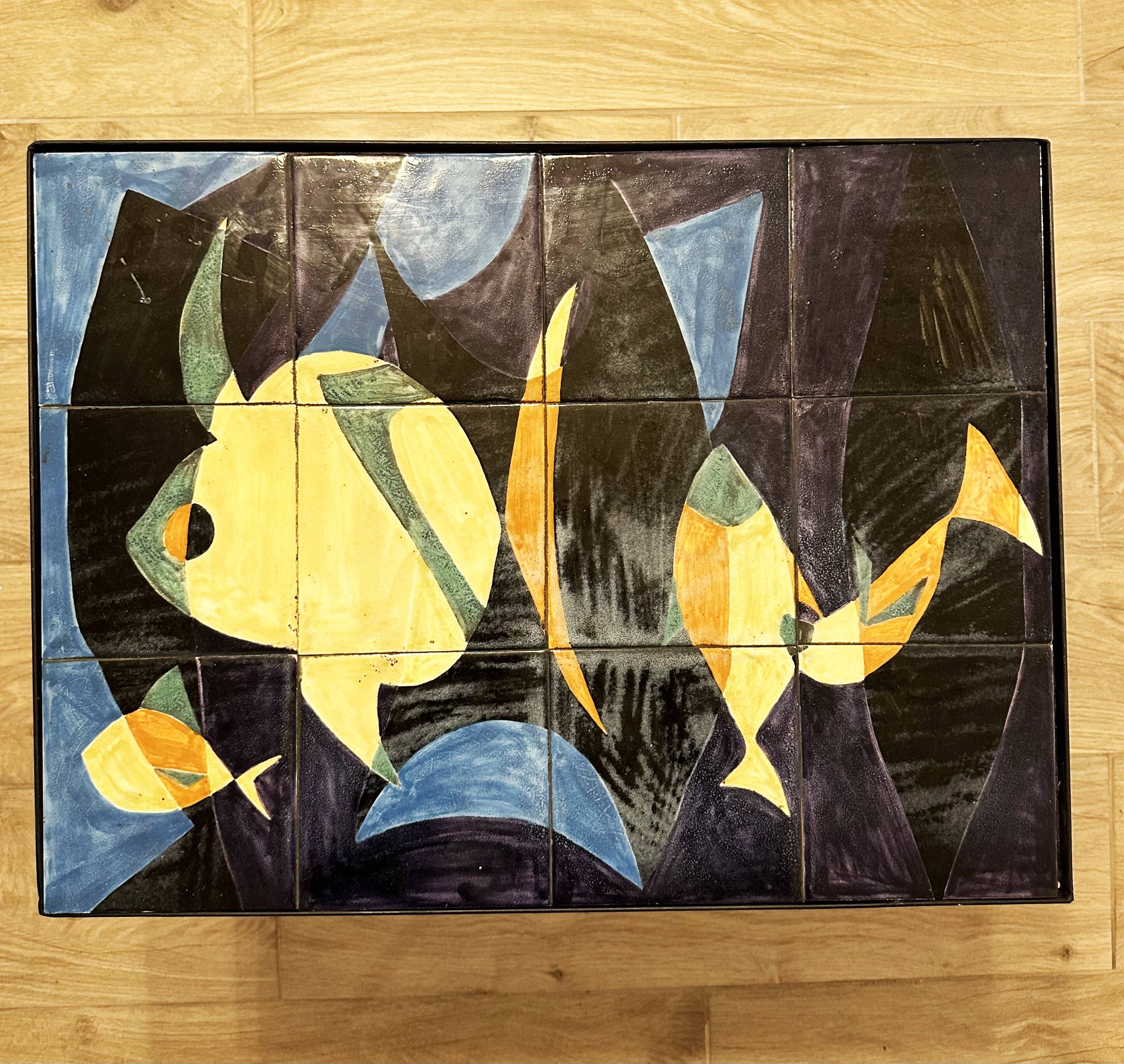 Coffee table with hand-painted ceramic top. France, 1950s