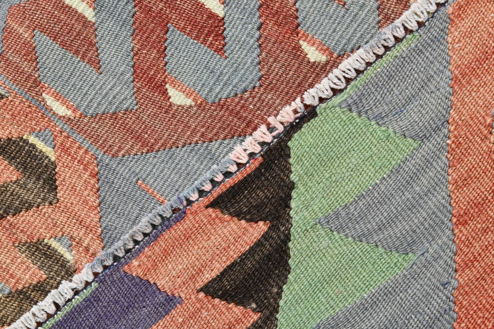 6x9 Green & Salmon Geometric Kilim Rug, 177x266Cm