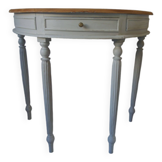 Louis XVI style half-moon console, 1 drawer, pearl gray patinated base.