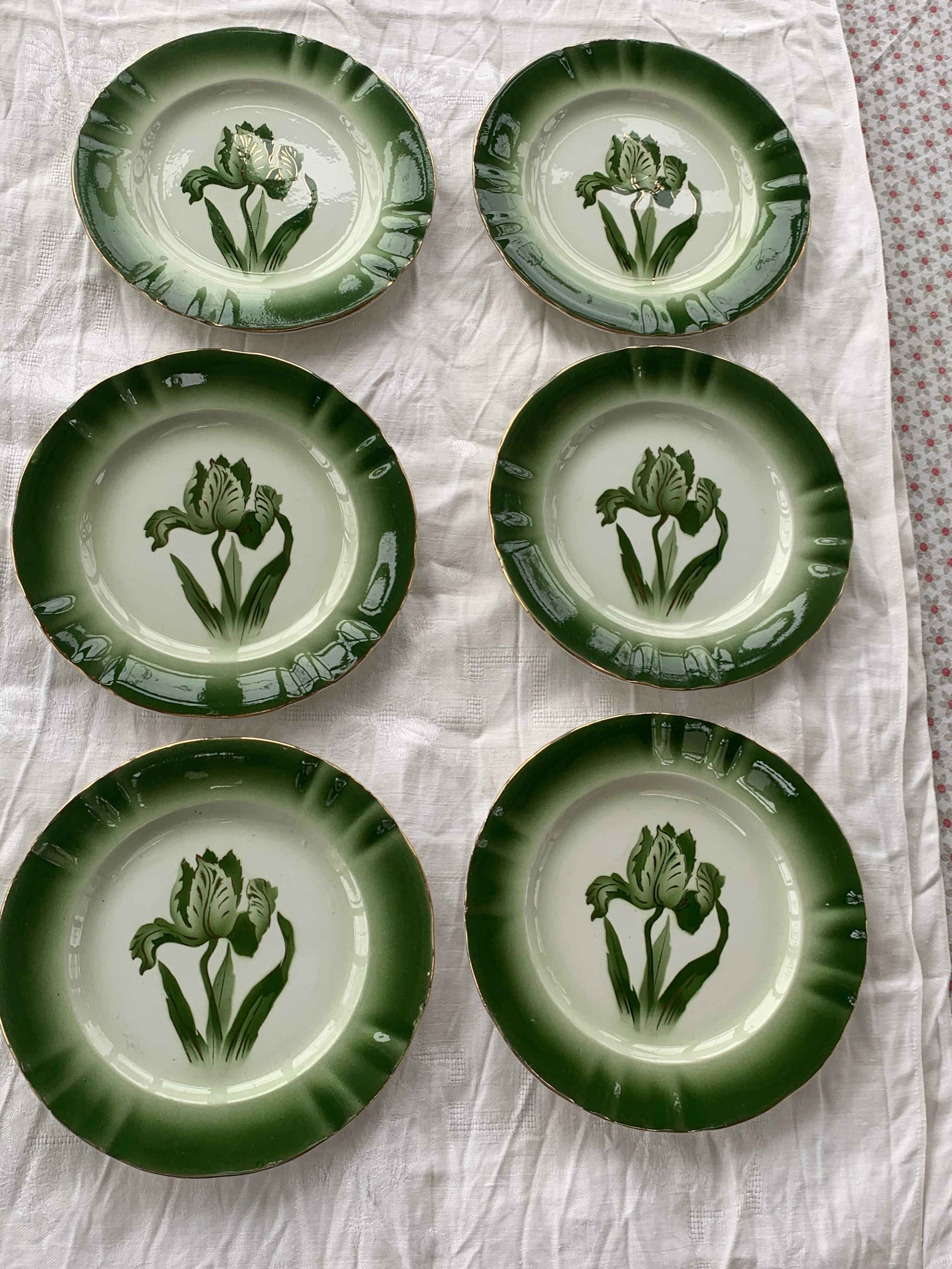 6 flat plates tulip pattern, longwy. Art deco