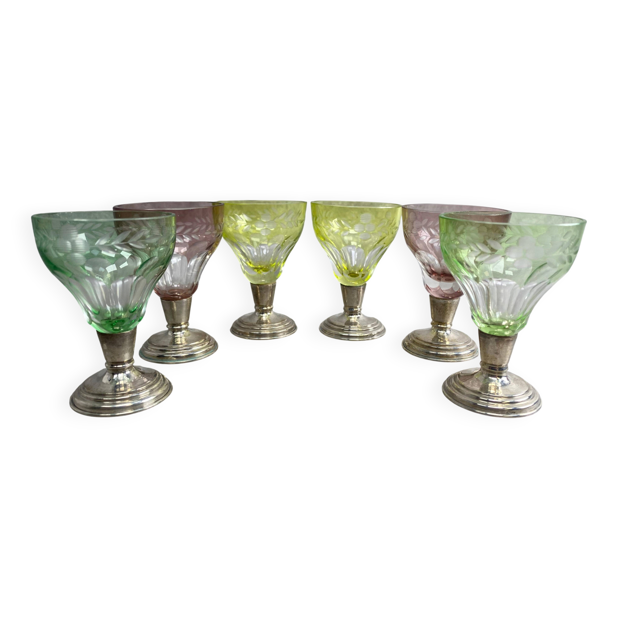 Set of 6 coloured stemmed glasses on silver stems.
