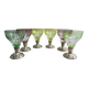 Set of 6 coloured stemmed glasses on silver stems.