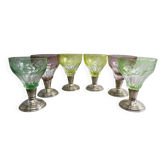 Set of 6 coloured stemmed glasses on silver stems.